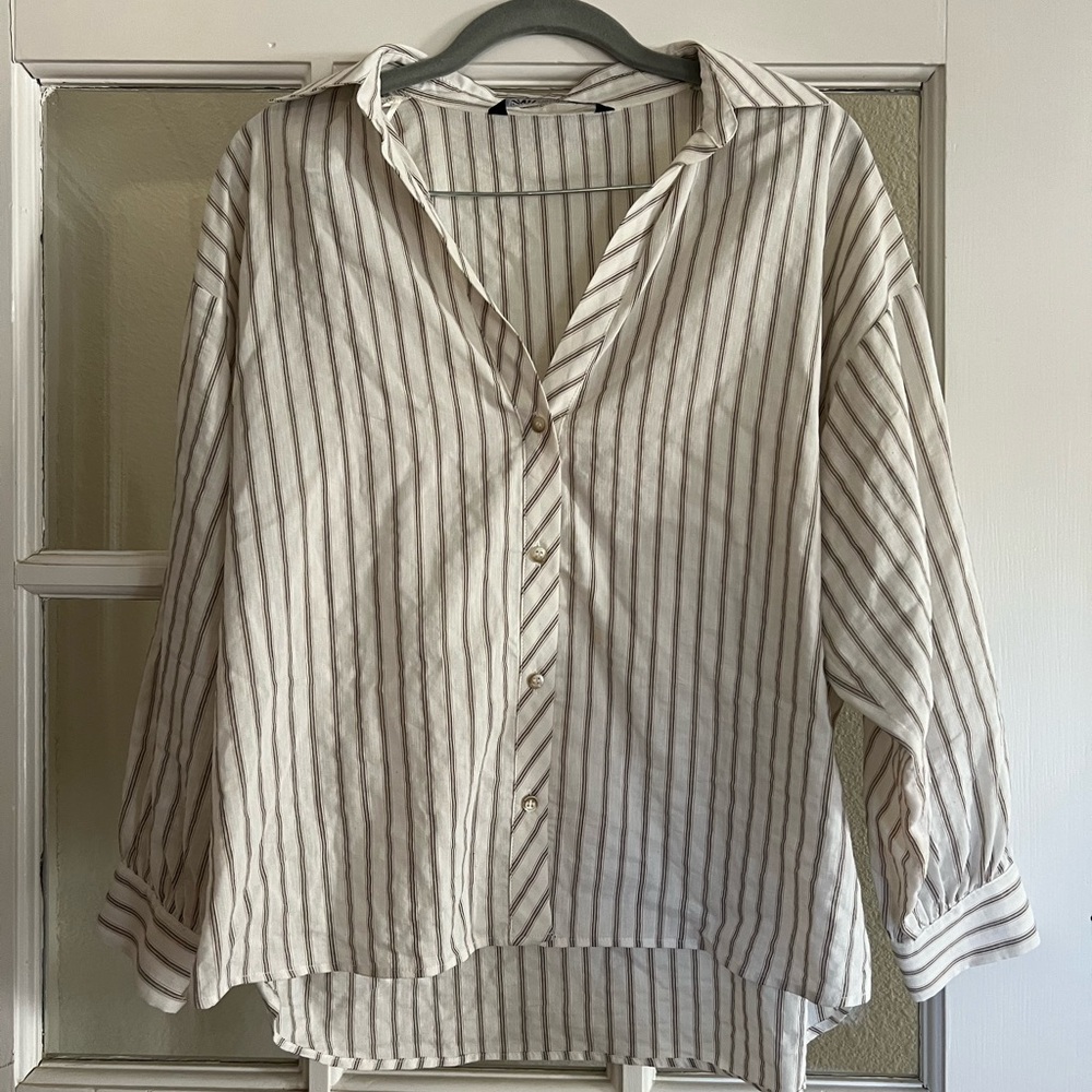 Zara Cream and Black Striped Shirt